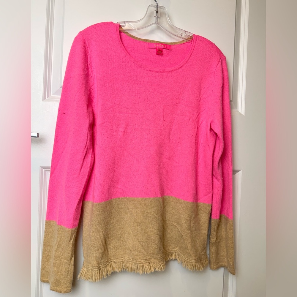 Lilly Pulitzer 100%‎ Cashmere Colorblock Sweater Pink & Camel Women’s M FLAW - Picture 3 of 8